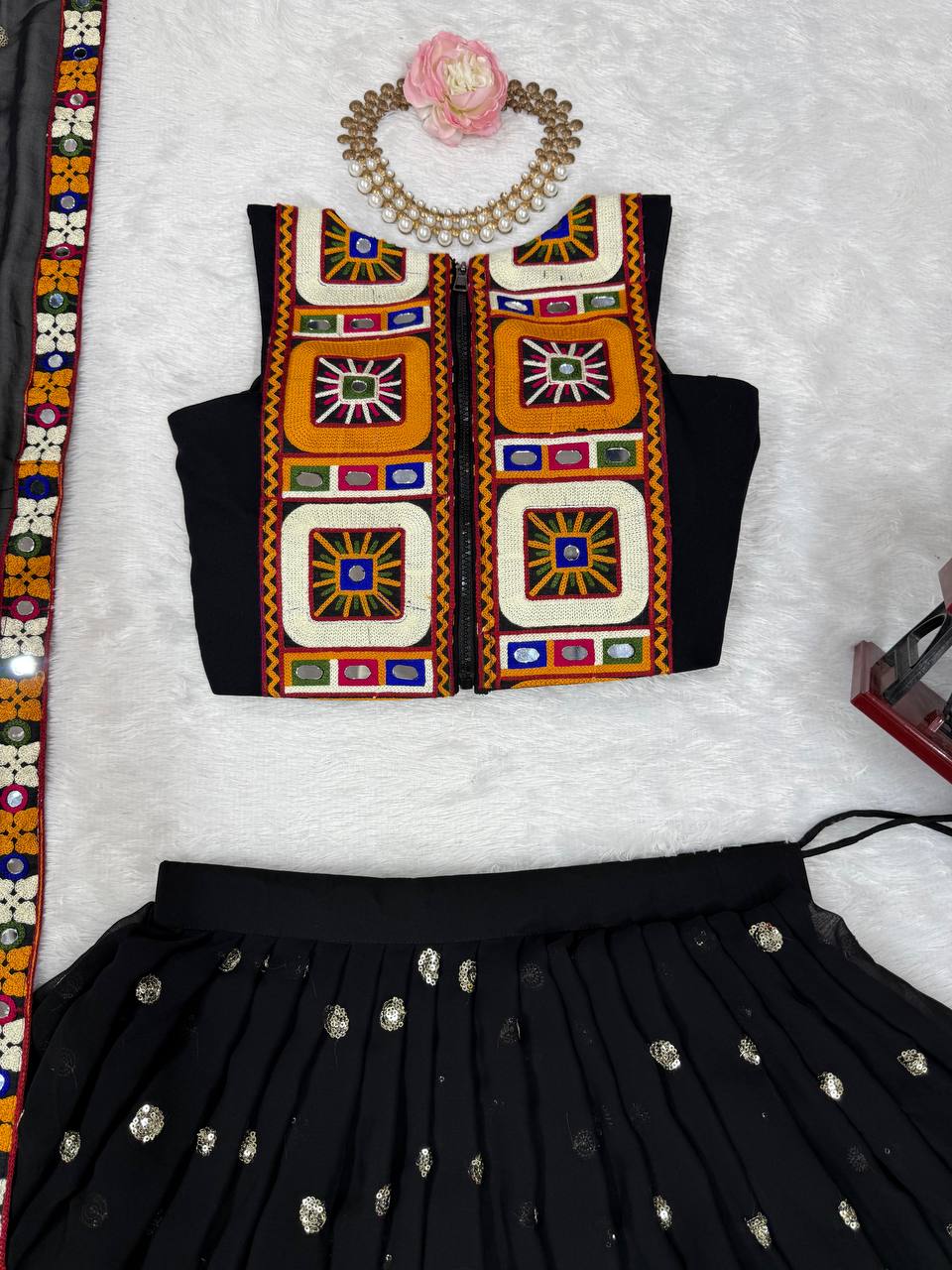 Black Designer Faux Georgette Lehenga Choli Set with Real Mirror & Chain Stitch Work