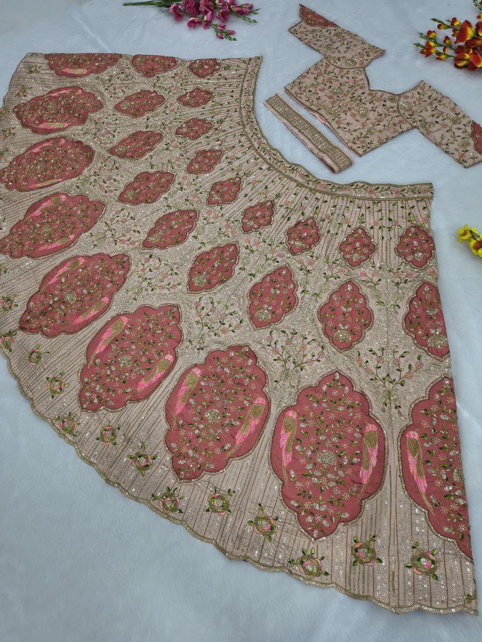 Designer Slub Silk Embroidered Peach Pink Elegance Lehenga