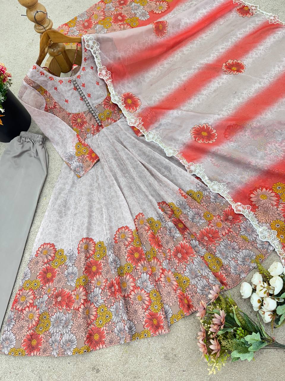 Designer Tebby Organza Gown Set with Embroidery, Digital Print & Dupatta