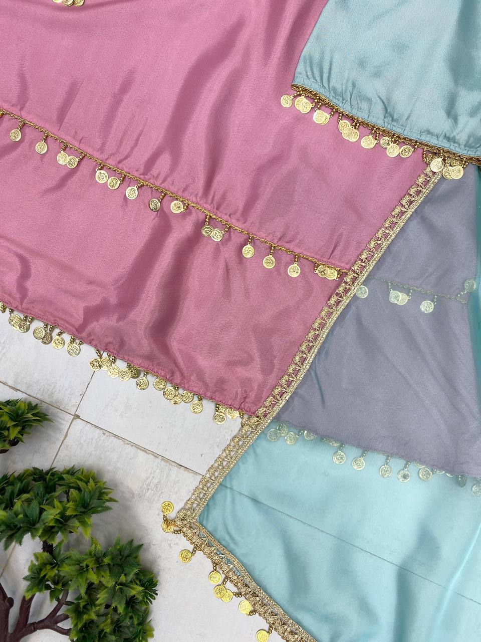 Exclusive 3-Piece Plazzo Set with Dupatta – Printed Crape Silk & Mirror Embroidery Work