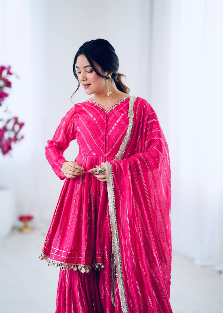 Designer Mal Chanderi Top with Sharara Plazzo & Dupatta – Mirror Work & Hand Embroidery