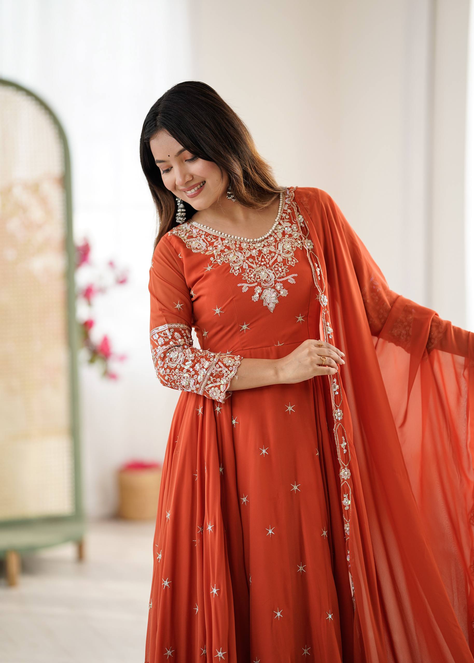 Anarkali Gown Set with Bottom & Dupatta – Heavy Embroidery, Rainbow Sequence & Moti Work