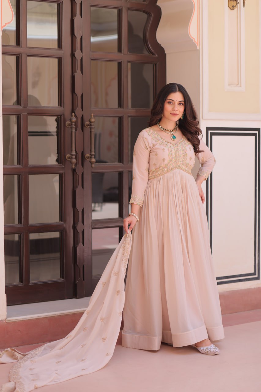 Cream Star Georgette Gown with Dupatta – Beads & Sequins Multi-Embroidery