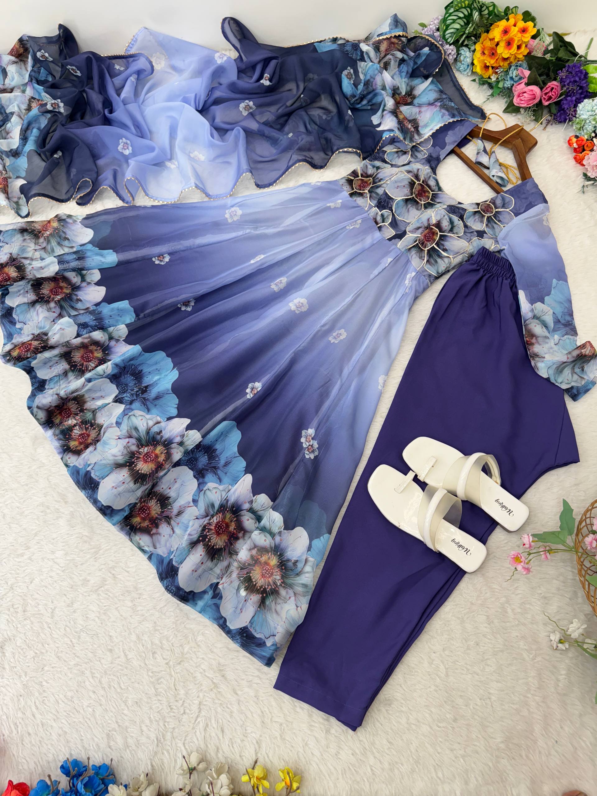 Organza Blue Festival Wear Digital Print Work Readymade Gown