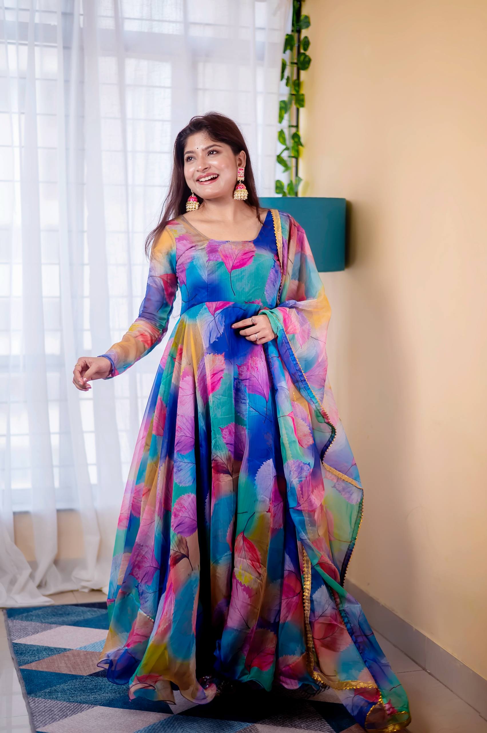 Women's Organza Anarkali Floral Printed Kurta Pent Set with Dupatta Set Anarkali Kurti for Women