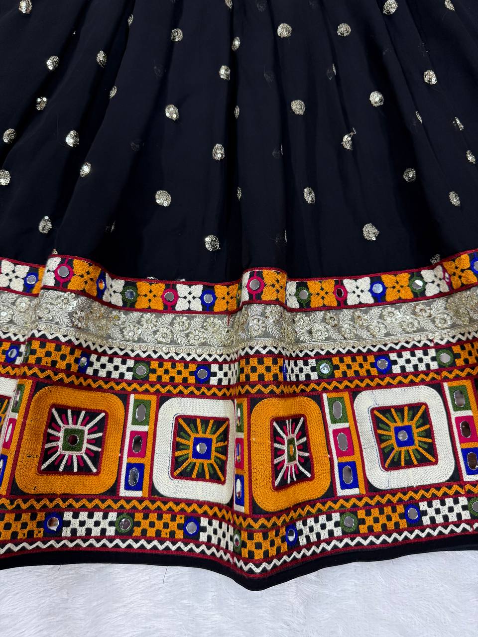 Black Designer Faux Georgette Lehenga Choli Set with Real Mirror & Chain Stitch Work