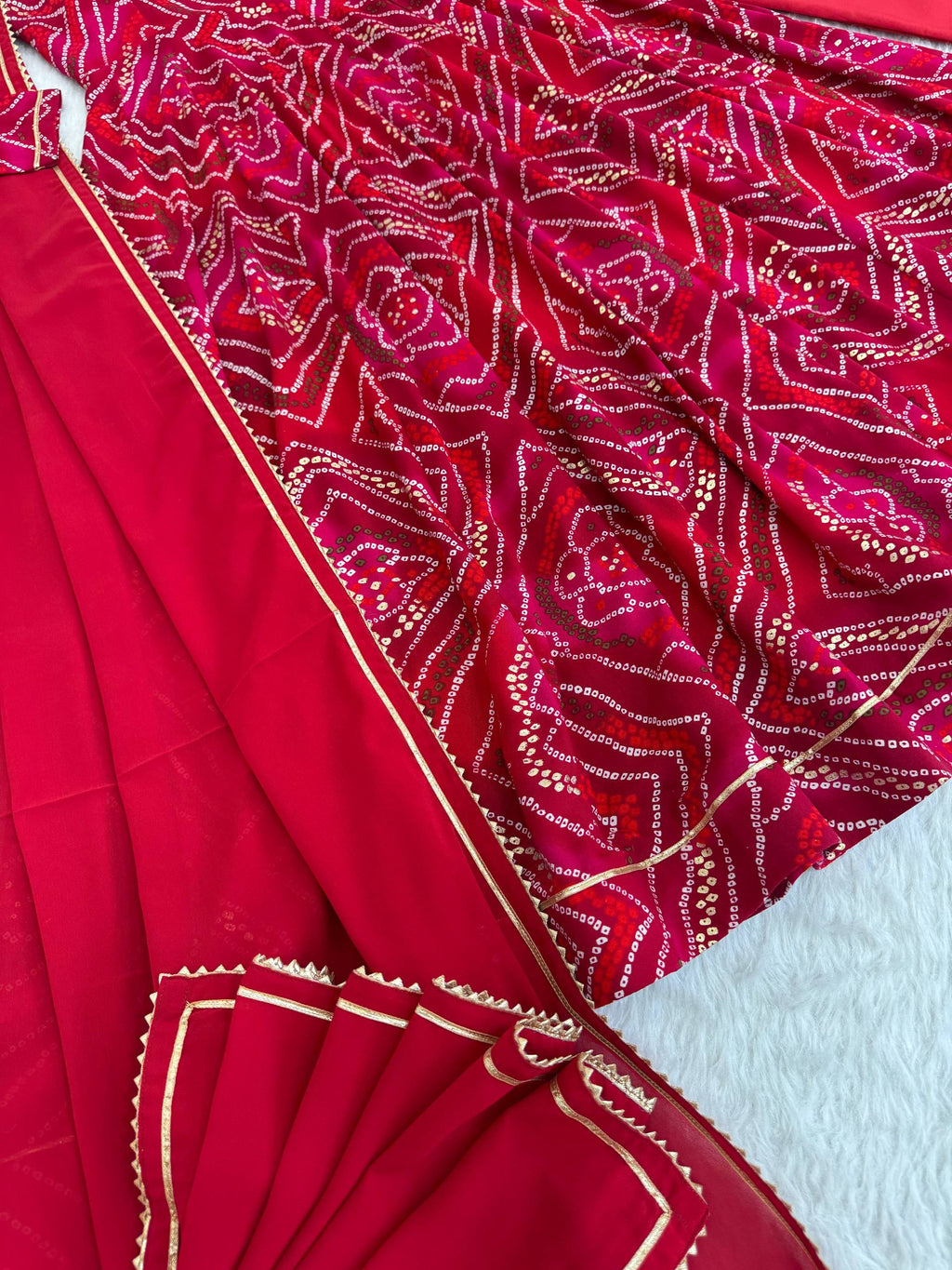 Bandhani Printed Sweetheart Neck Anarkali Kurta With Trousers & Dupatta