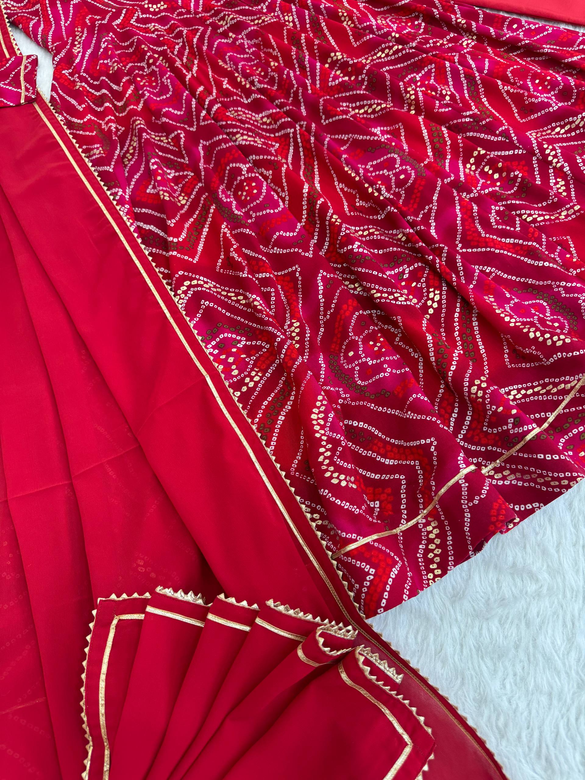 Bandhani Printed Sweetheart Neck Anarkali Kurta With Trousers & Dupatta