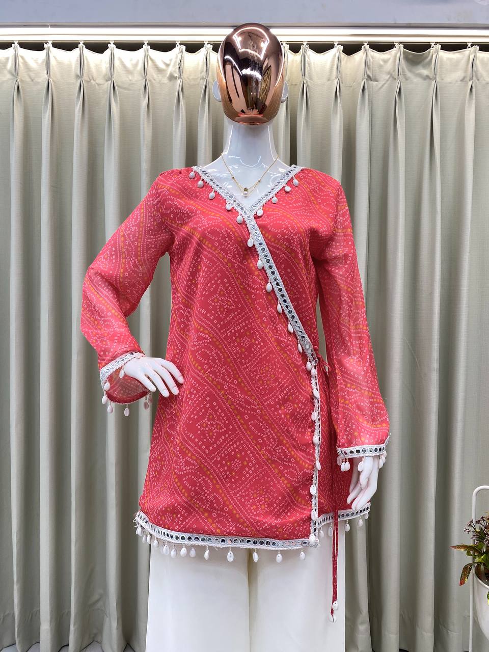 Bandhani Printed V Neck Angrakha Tunic with Solid Sharara