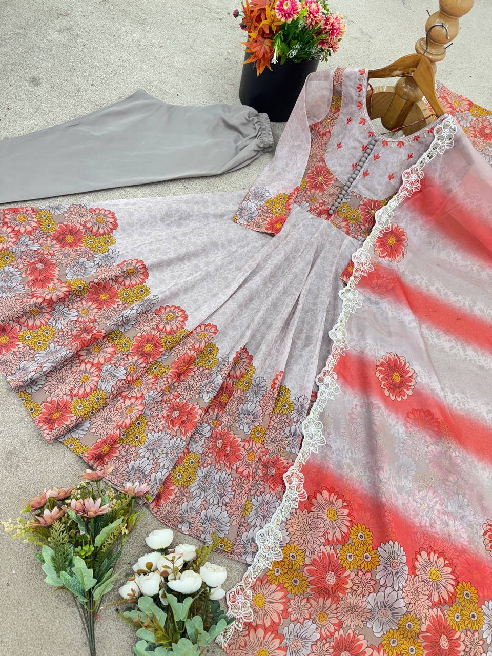 Designer Tebby Organza Gown Set with Embroidery, Digital Print & Dupatta