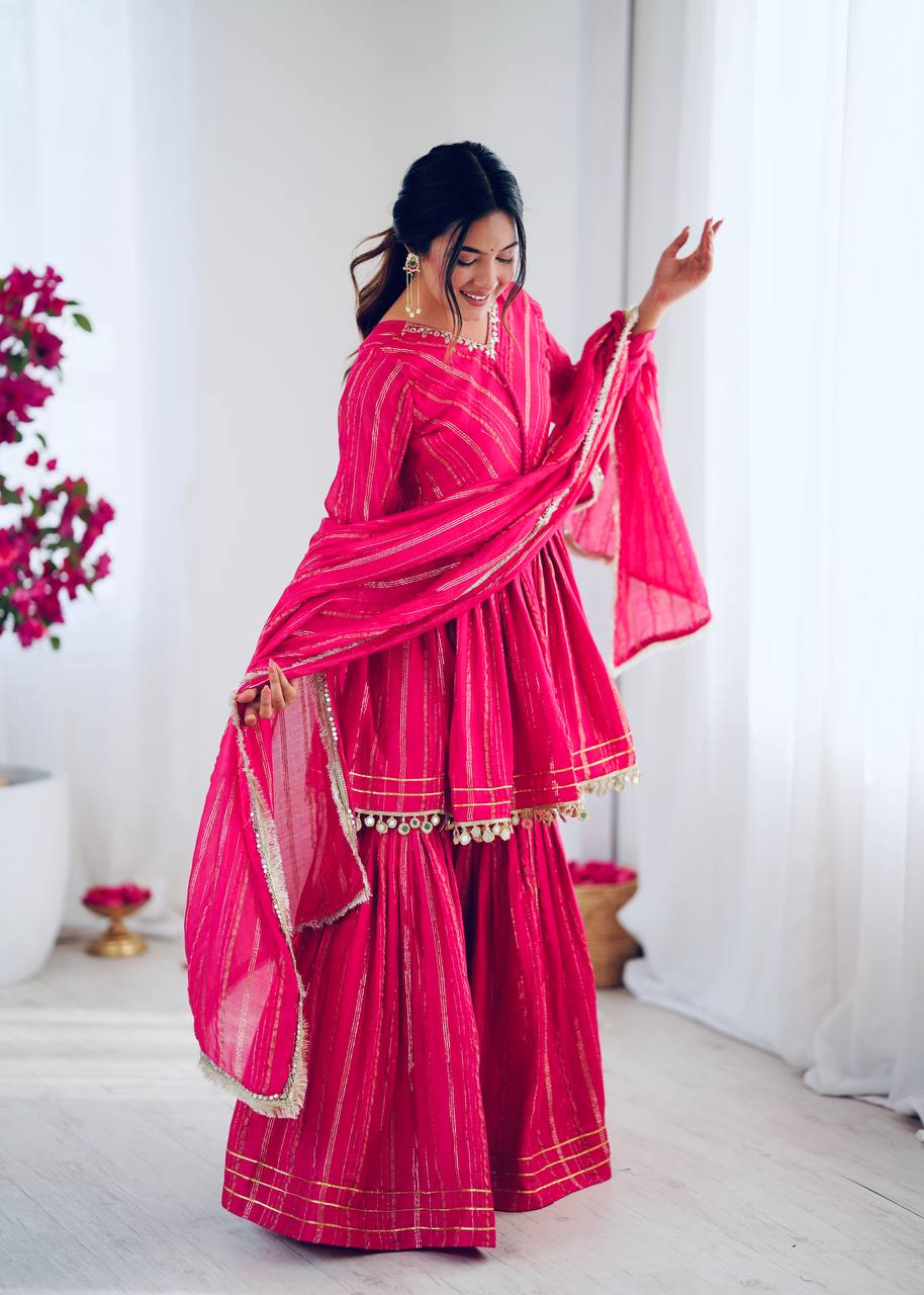 Designer Mal Chanderi Top with Sharara Plazzo & Dupatta – Mirror Work & Hand Embroidery