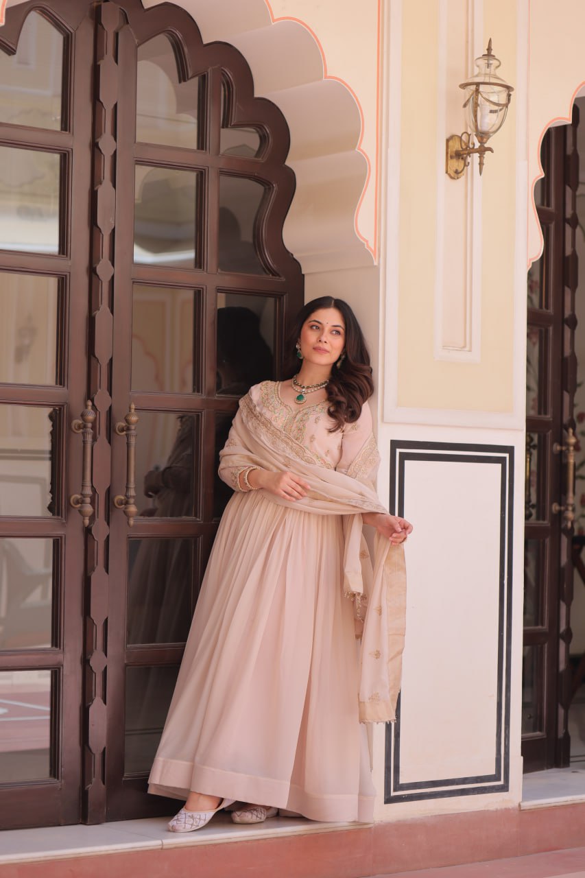 Cream Star Georgette Gown with Dupatta – Beads & Sequins Multi-Embroidery