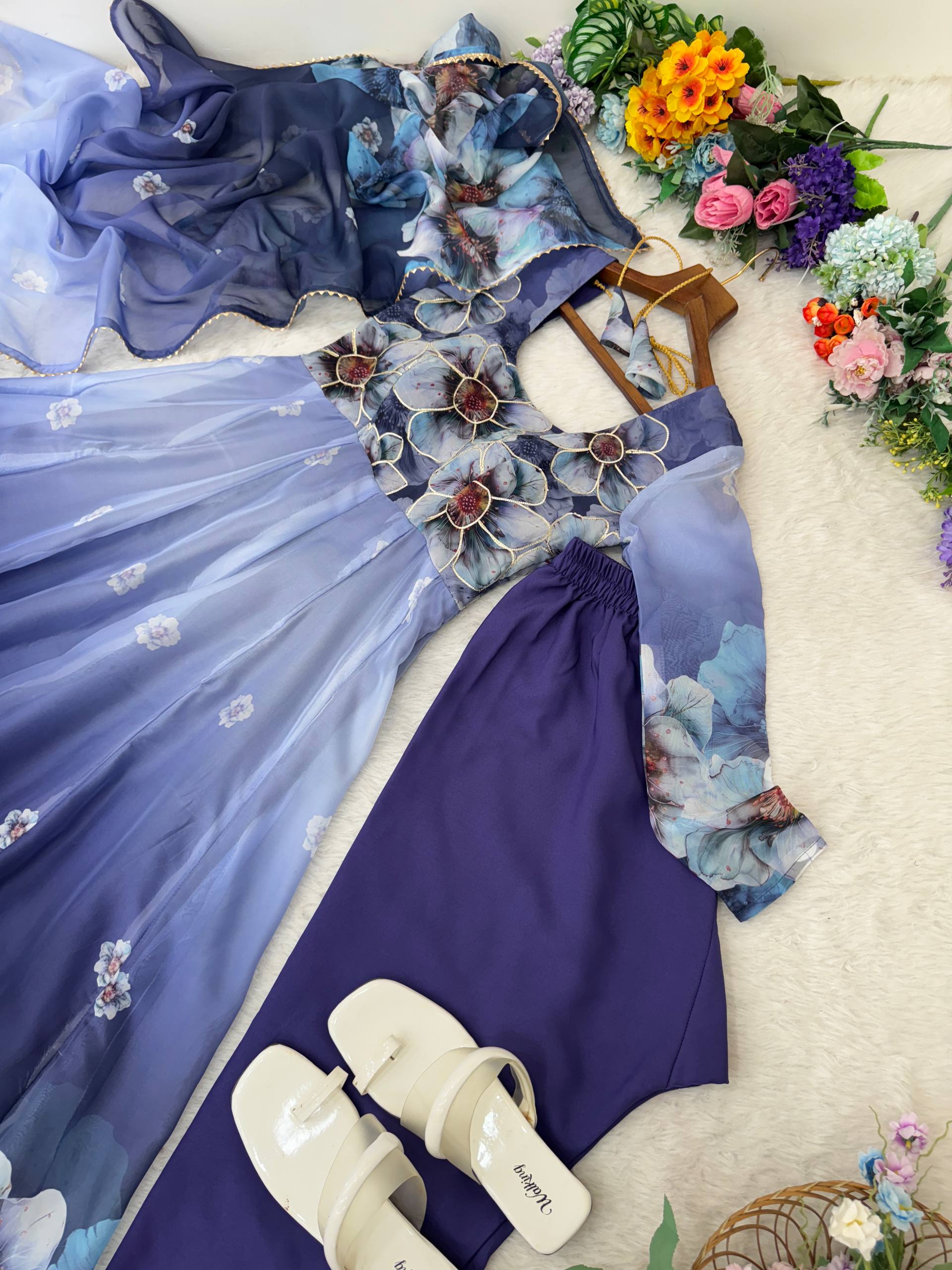 Organza Blue Festival Wear Digital Print Work Readymade Gown