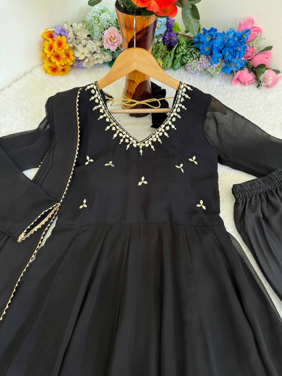 Women Empire Mirror Work Kurta with Trousers & Dupatta