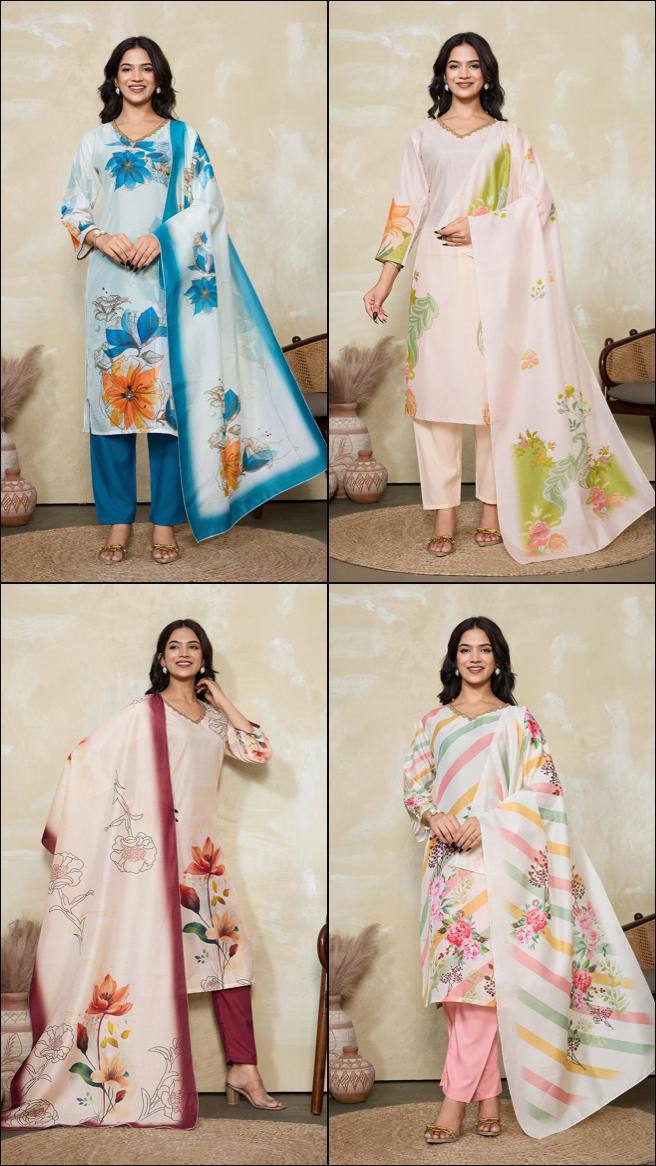 Suzuki Floral Printed V-Neck Straight Kurta With Trousers & Dupatta