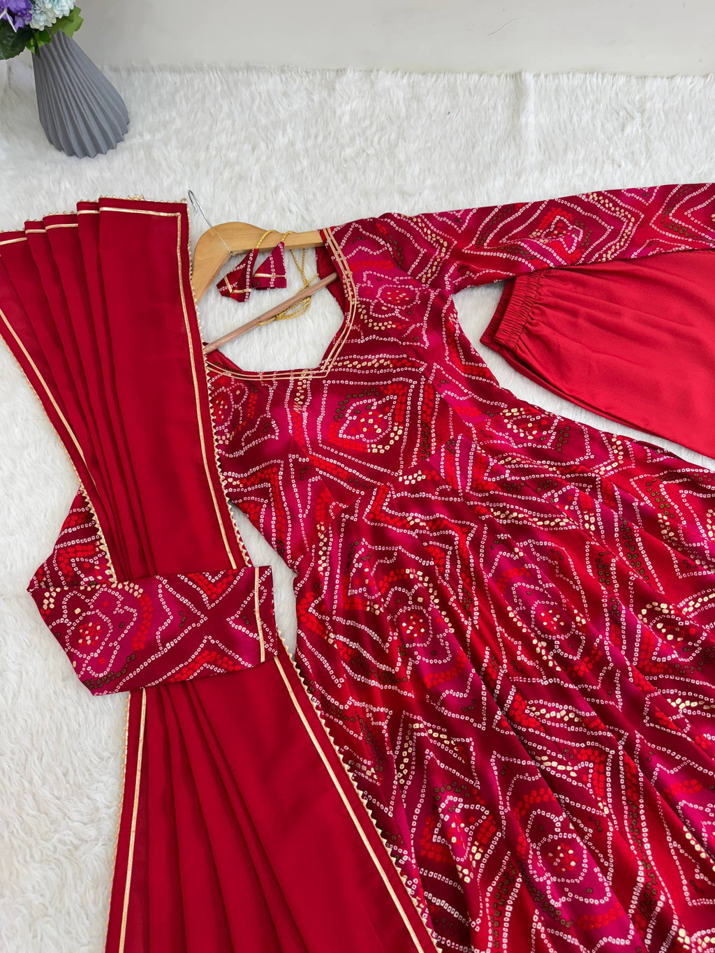Bandhani Printed Sweetheart Neck Anarkali Kurta With Trousers & Dupatta