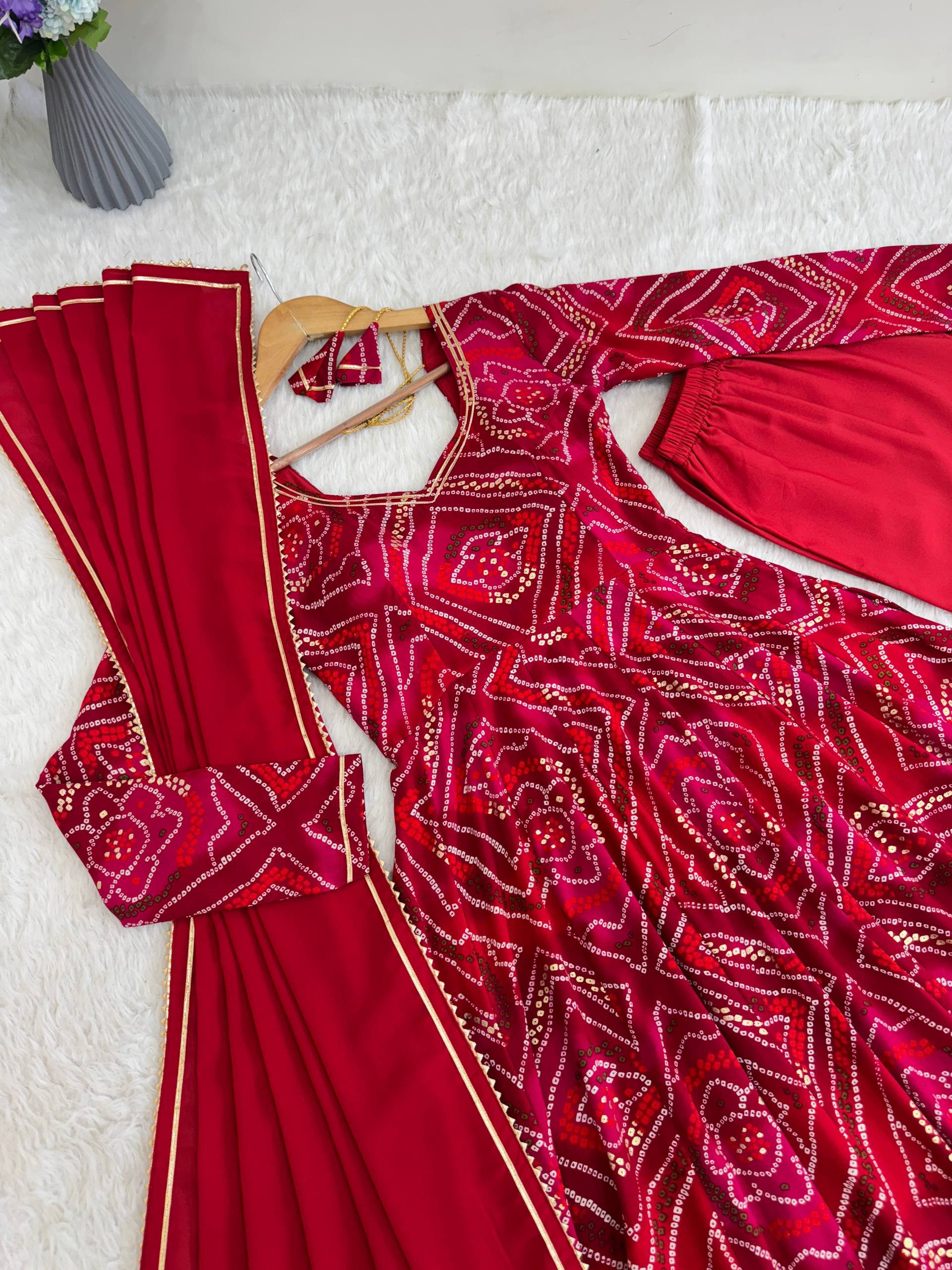 Bandhani Printed Sweetheart Neck Anarkali Kurta With Trousers & Dupatta