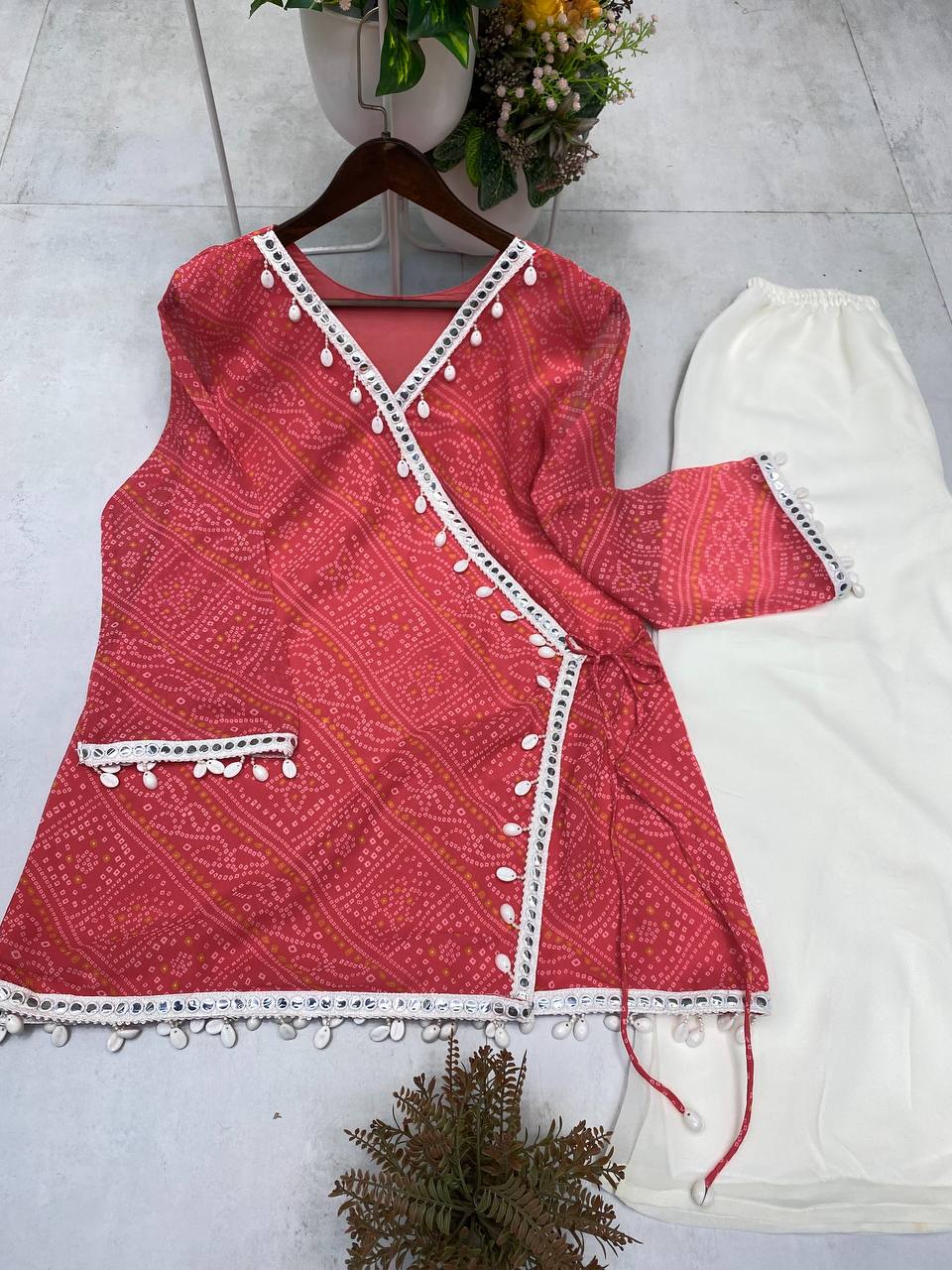 Bandhani Printed V Neck Angrakha Tunic with Solid Sharara