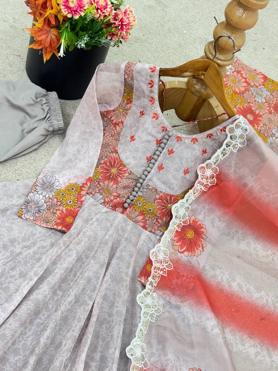 Designer Tebby Organza Gown Set with Embroidery, Digital Print & Dupatta