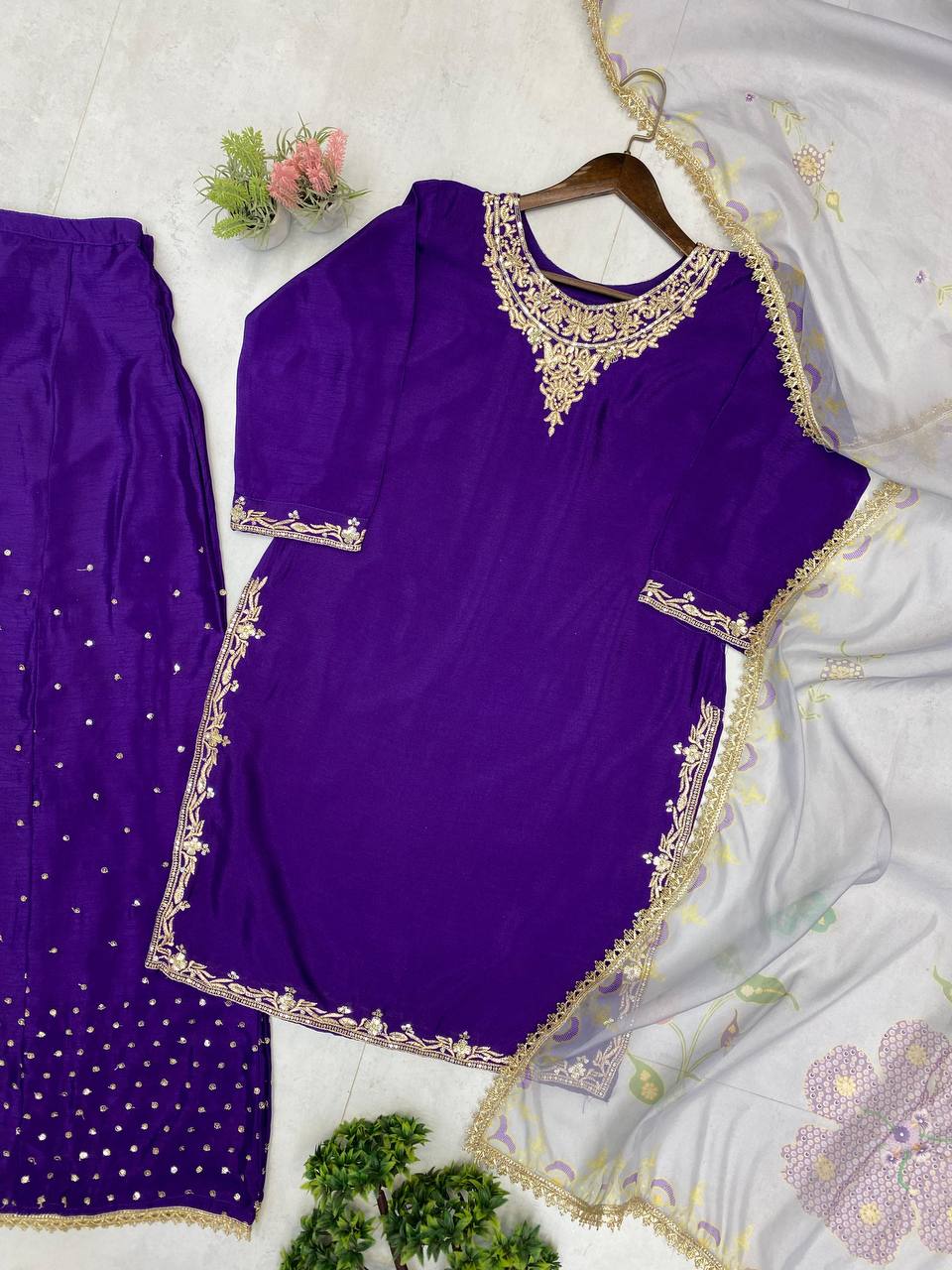 Exclusive 3-Piece Plazzo Set with Dupatta – Chinon Fabric with Sequence Embroidery