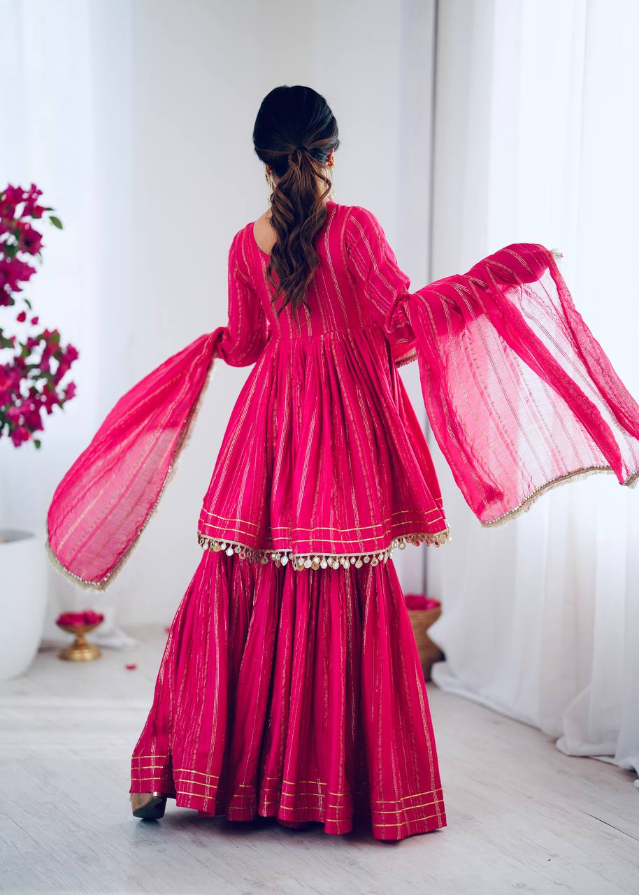 Designer Mal Chanderi Top with Sharara Plazzo & Dupatta – Mirror Work & Hand Embroidery