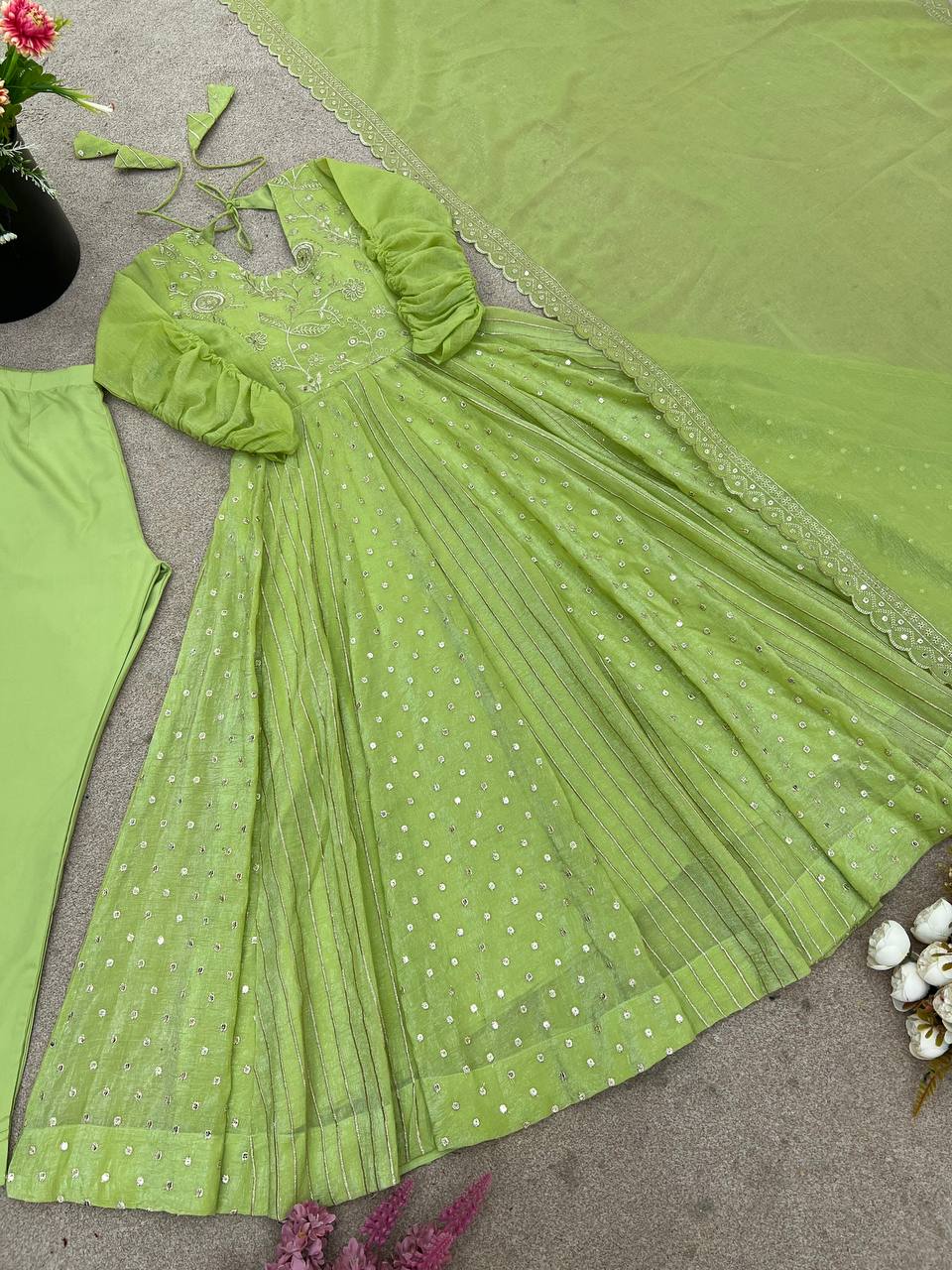 Designer Anarkali Gown Set with Pant & Dupatta – Crunchy Silk with Embroidery & Sequence Work