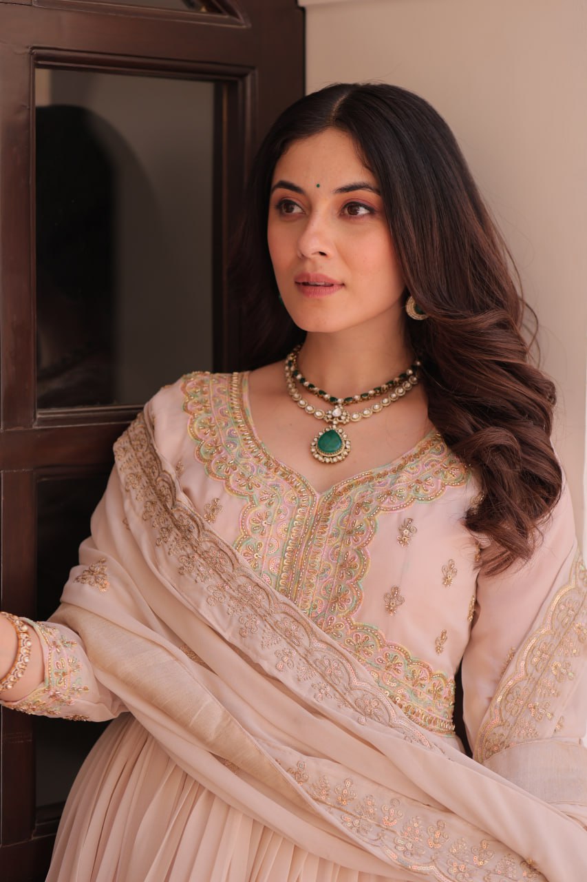 Cream Star Georgette Gown with Dupatta – Beads & Sequins Multi-Embroidery