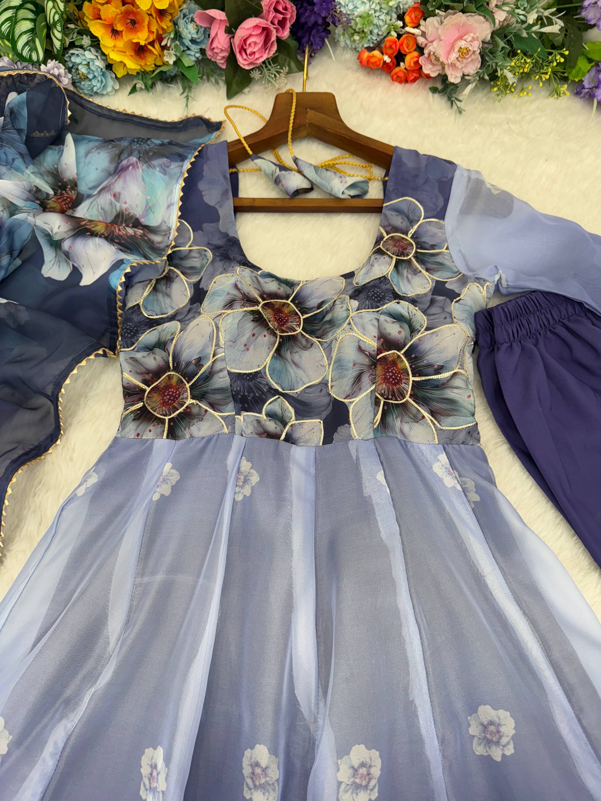 Organza Blue Festival Wear Digital Print Work Readymade Gown