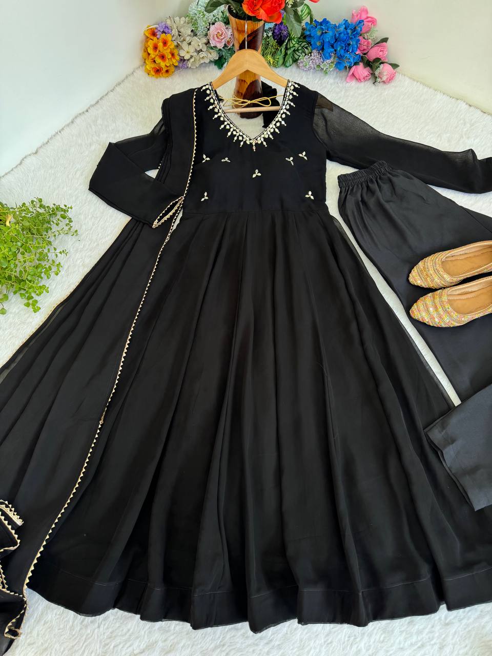 Women Empire Mirror Work Kurta with Trousers & Dupatta