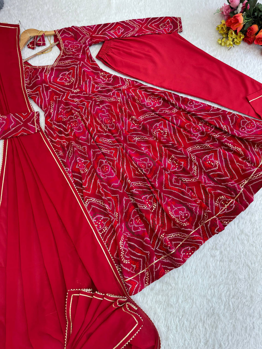 Bandhani Printed Sweetheart Neck Anarkali Kurta With Trousers & Dupatta