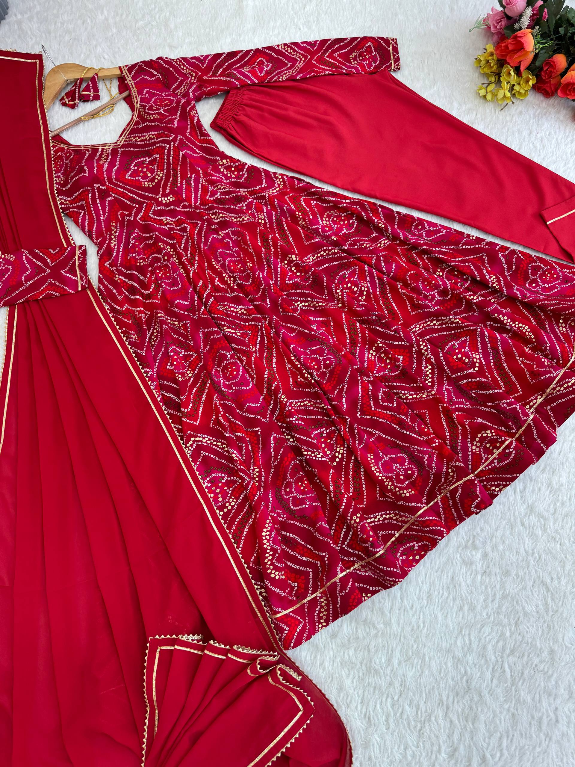 Bandhani Printed Sweetheart Neck Anarkali Kurta With Trousers & Dupatta