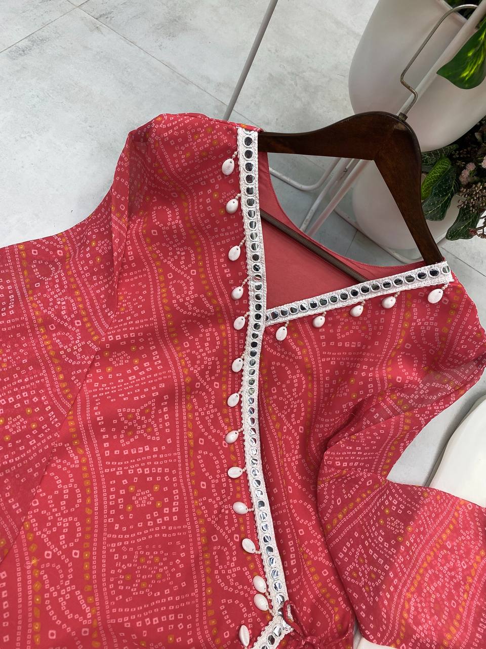 Bandhani Printed V Neck Angrakha Tunic with Solid Sharara