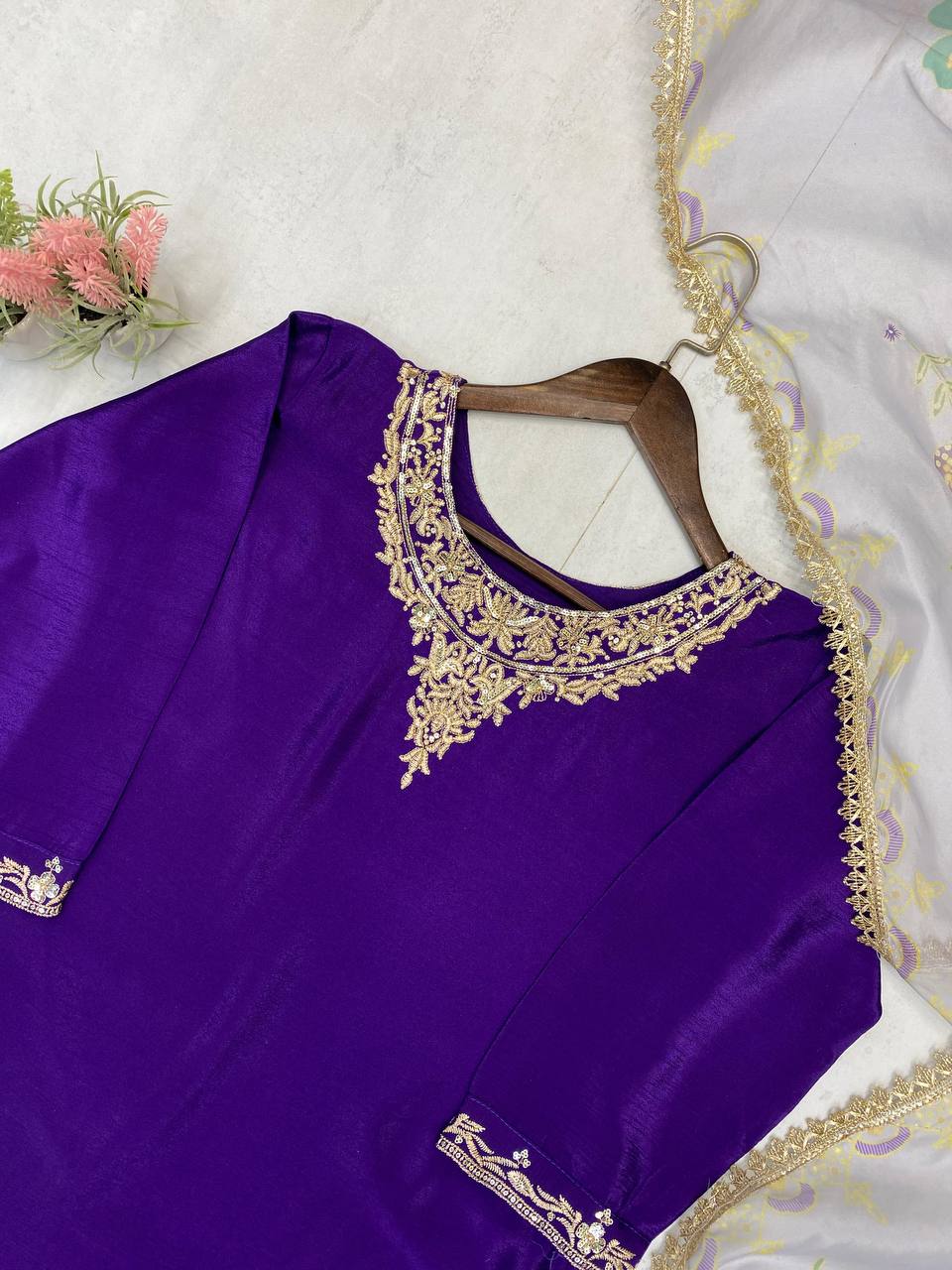 Exclusive 3-Piece Plazzo Set with Dupatta – Chinon Fabric with Sequence Embroidery