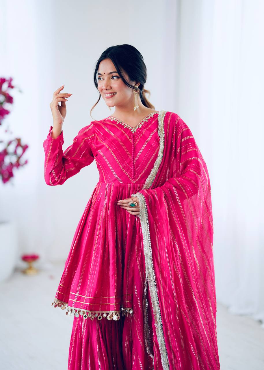 Designer Mal Chanderi Top with Sharara Plazzo & Dupatta – Mirror Work & Hand Embroidery