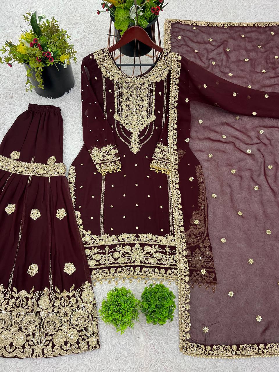 Designer Faux Georgette Top & Plazzo Set with Dupatta – Heavy Embroidery, Dori & Sequence Work