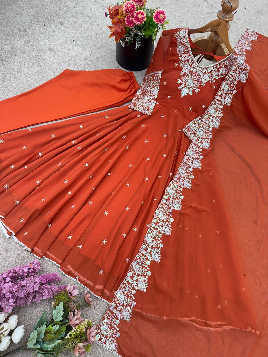 Anarkali Gown Set with Bottom & Dupatta – Heavy Embroidery, Rainbow Sequence & Moti Work