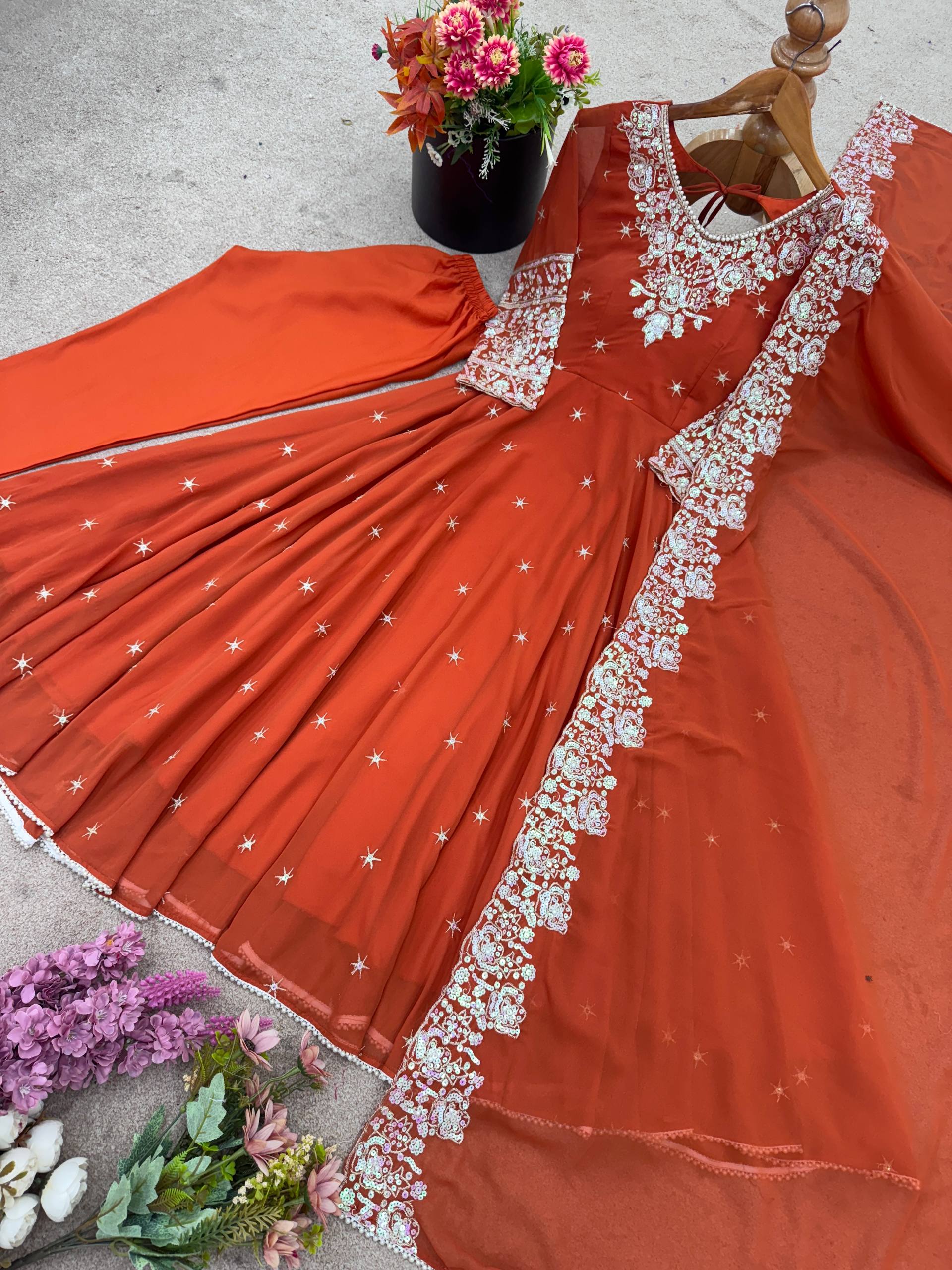 Anarkali Gown Set with Bottom & Dupatta – Heavy Embroidery, Rainbow Sequence & Moti Work