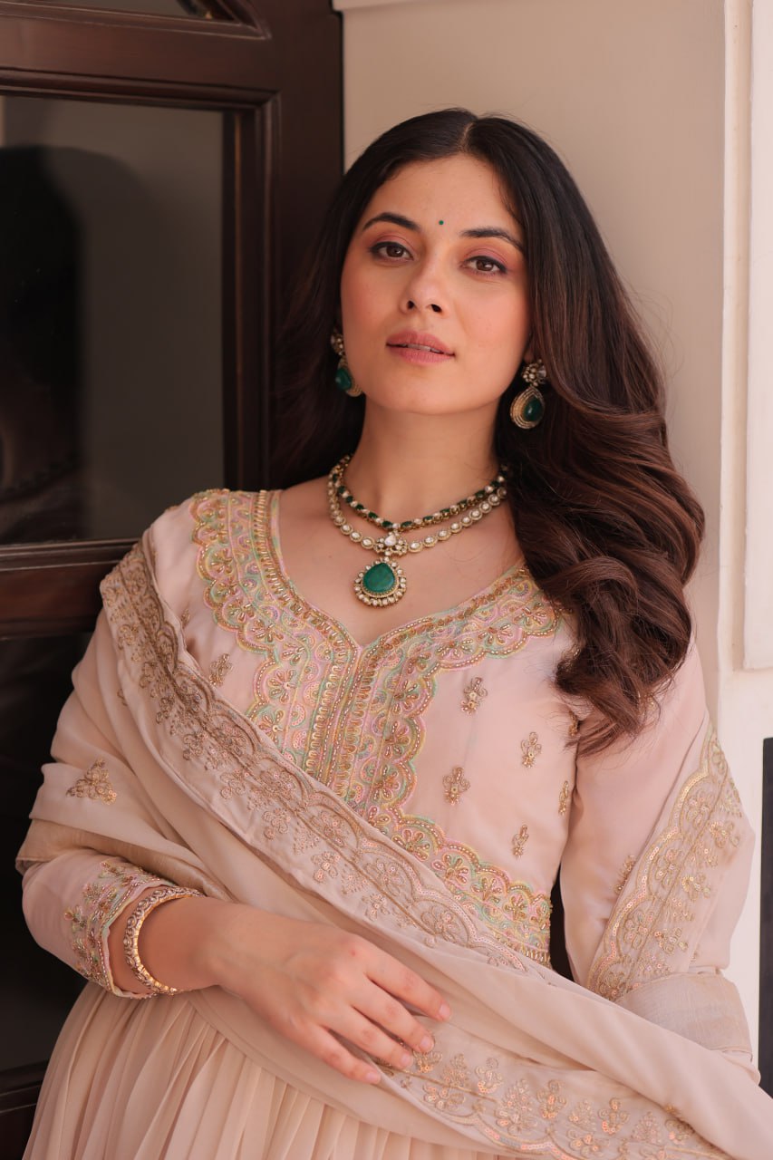 Cream Star Georgette Gown with Dupatta – Beads & Sequins Multi-Embroidery