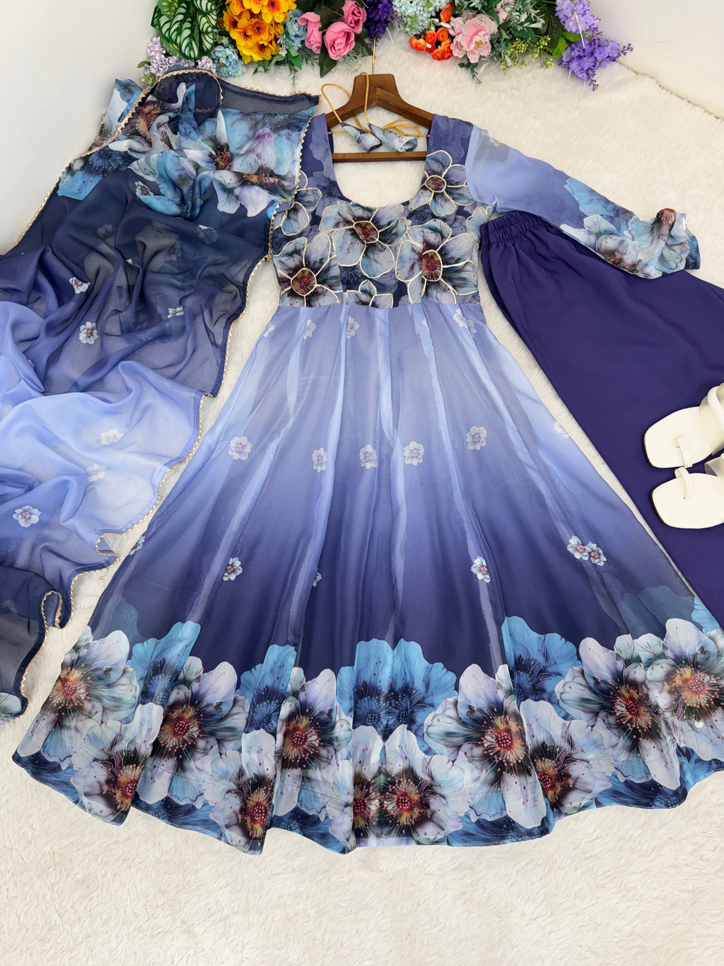 Organza Blue Festival Wear Digital Print Work Readymade Gown