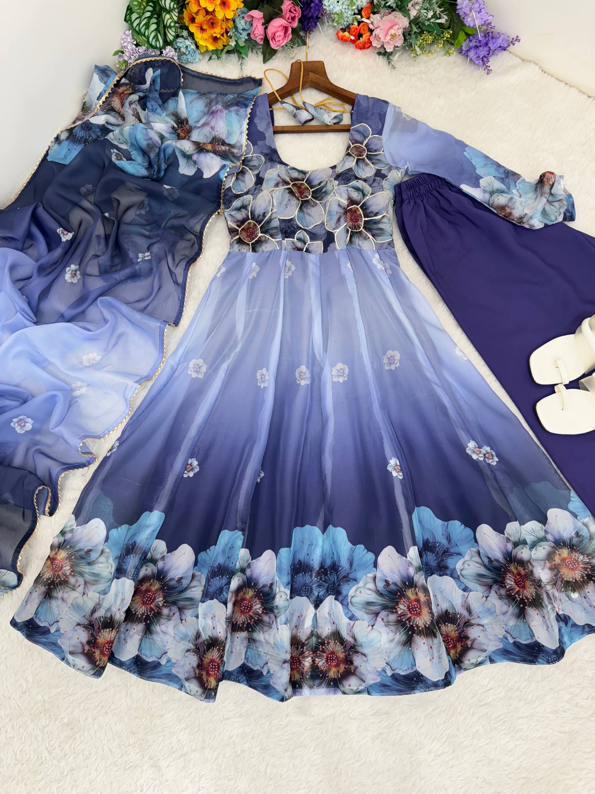 Organza Blue Festival Wear Digital Print Work Readymade Gown
