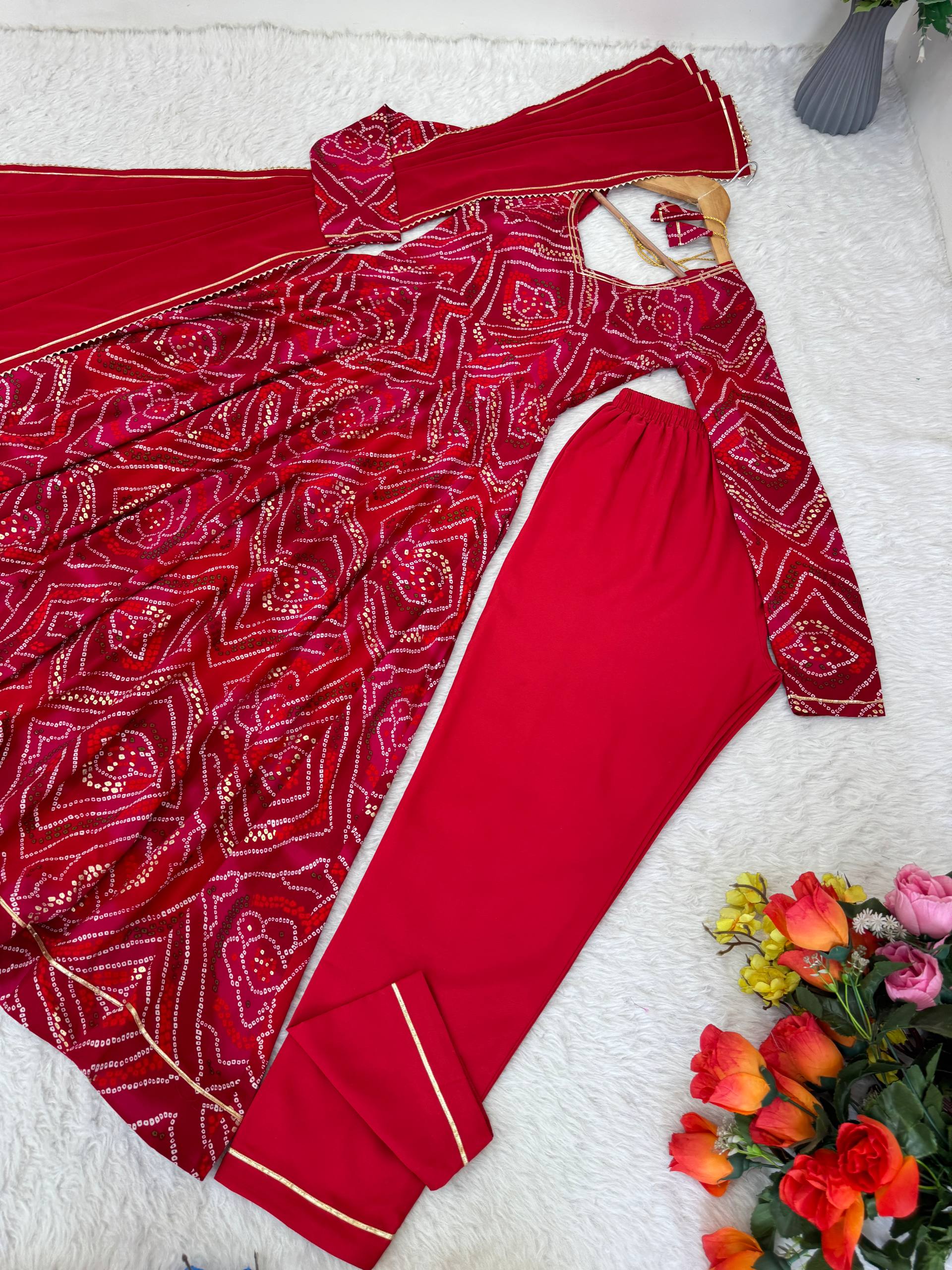 Bandhani Printed Sweetheart Neck Anarkali Kurta With Trousers & Dupatta