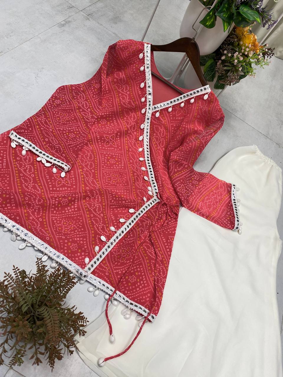 Bandhani Printed V Neck Angrakha Tunic with Solid Sharara