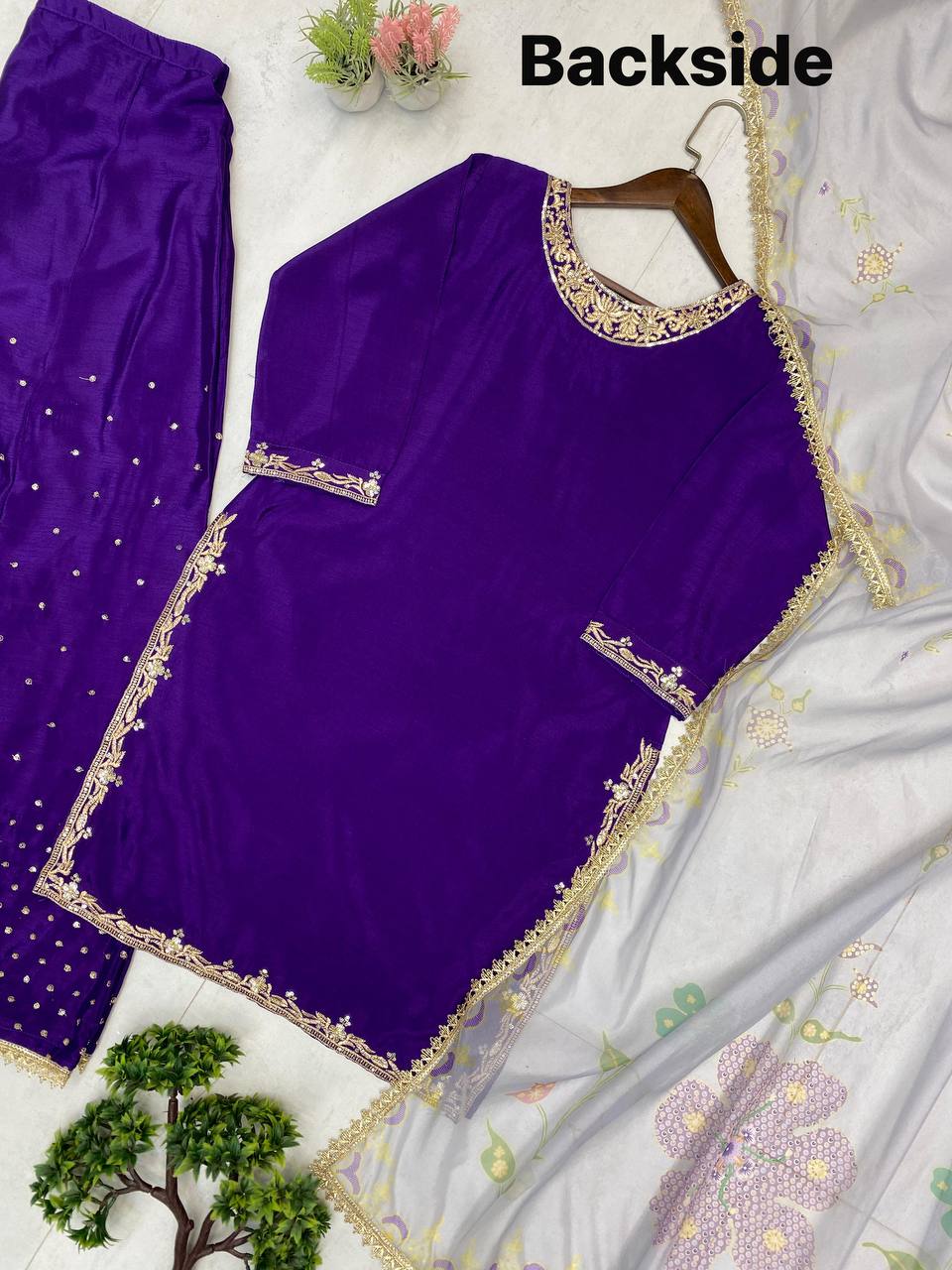 Exclusive 3-Piece Plazzo Set with Dupatta – Chinon Fabric with Sequence Embroidery