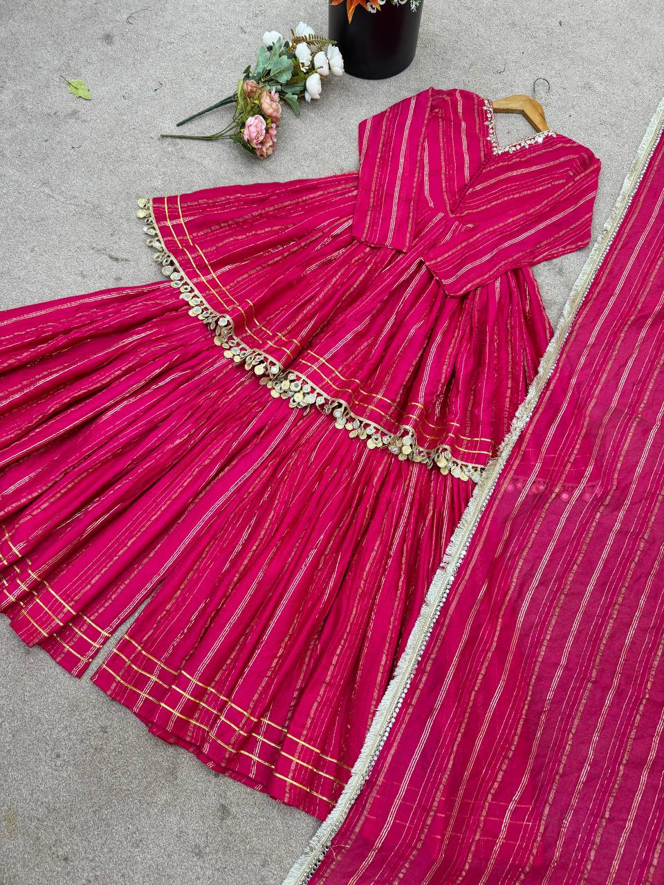 Designer Mal Chanderi Top with Sharara Plazzo & Dupatta – Mirror Work & Hand Embroidery