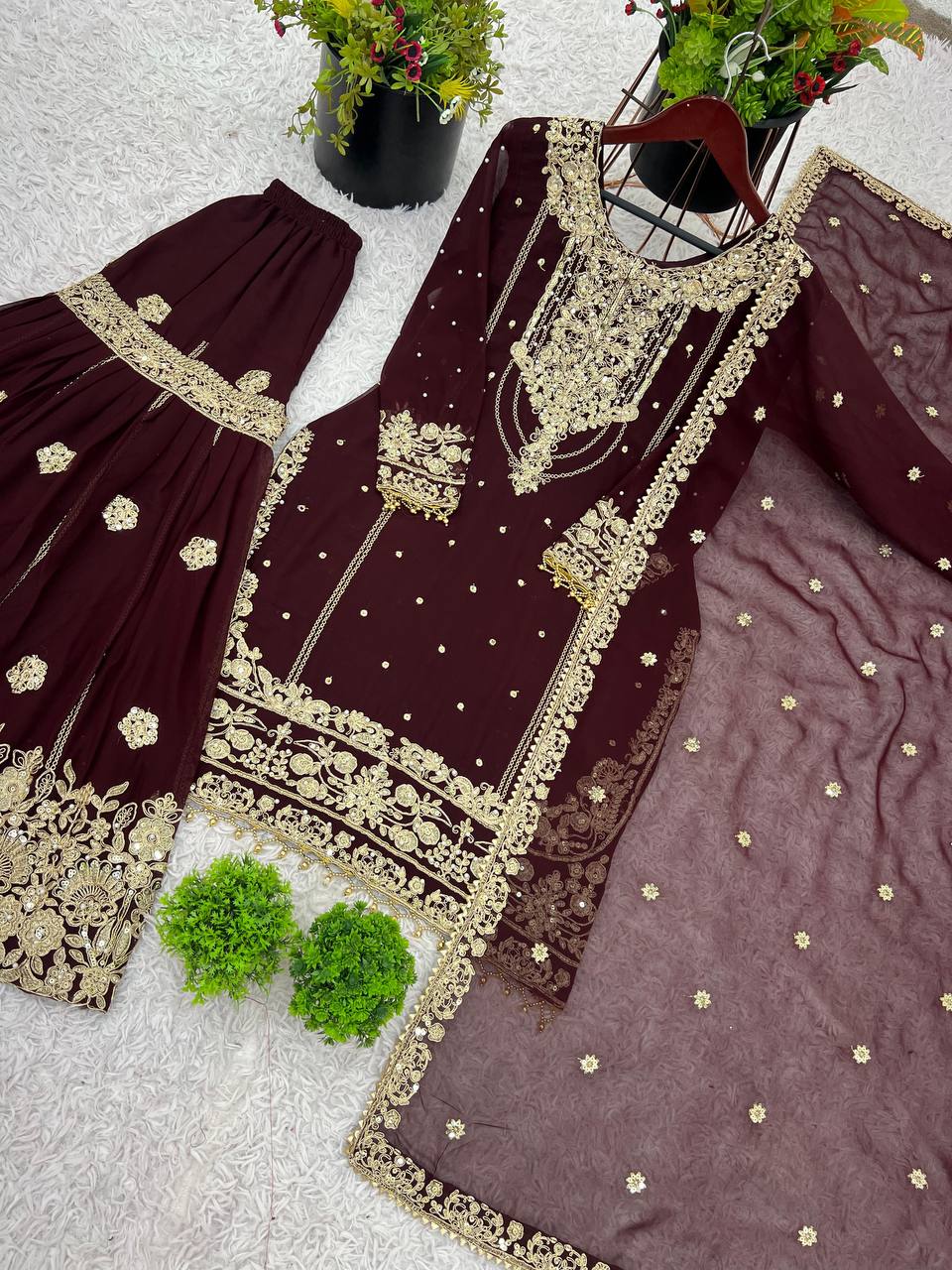 Designer Faux Georgette Top & Plazzo Set with Dupatta – Heavy Embroidery, Dori & Sequence Work