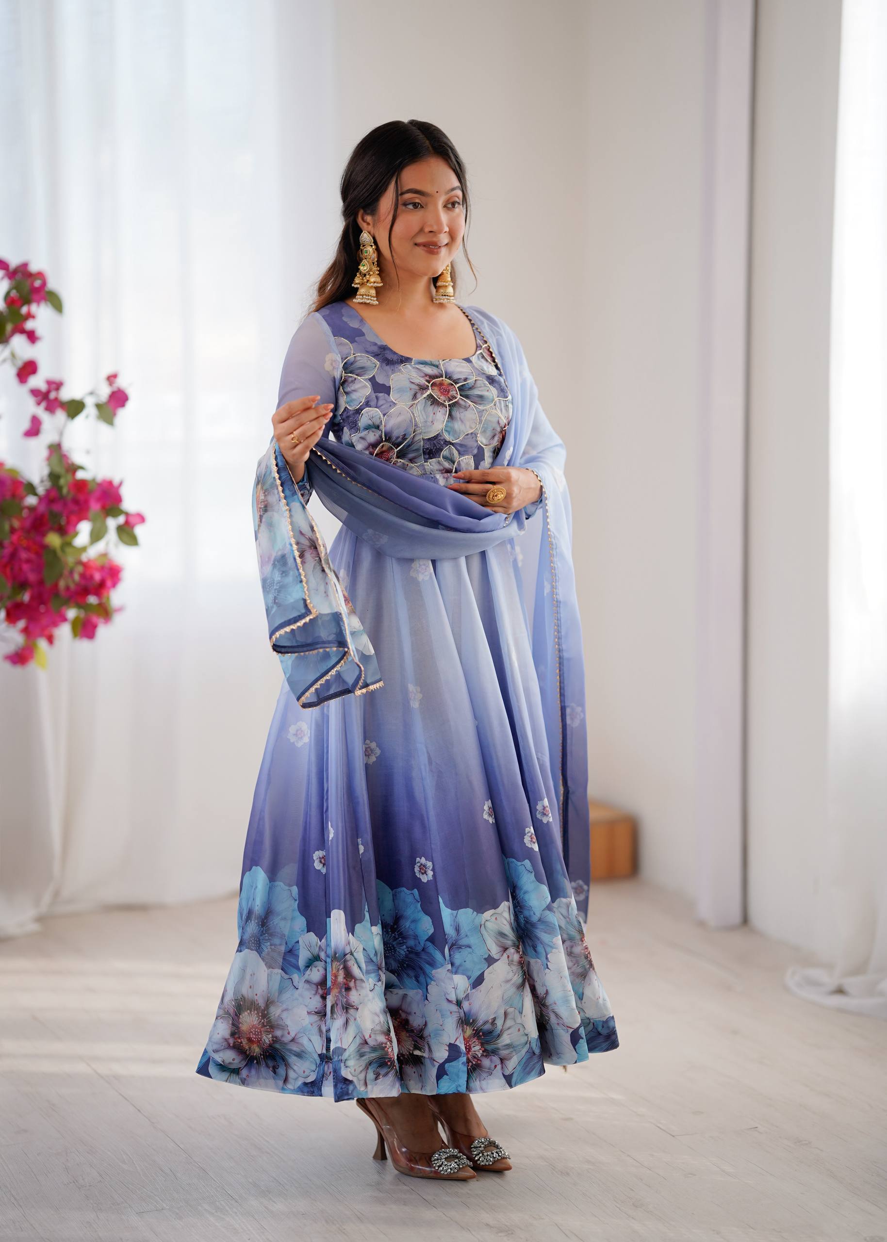 Organza Blue Festival Wear Digital Print Work Readymade Gown