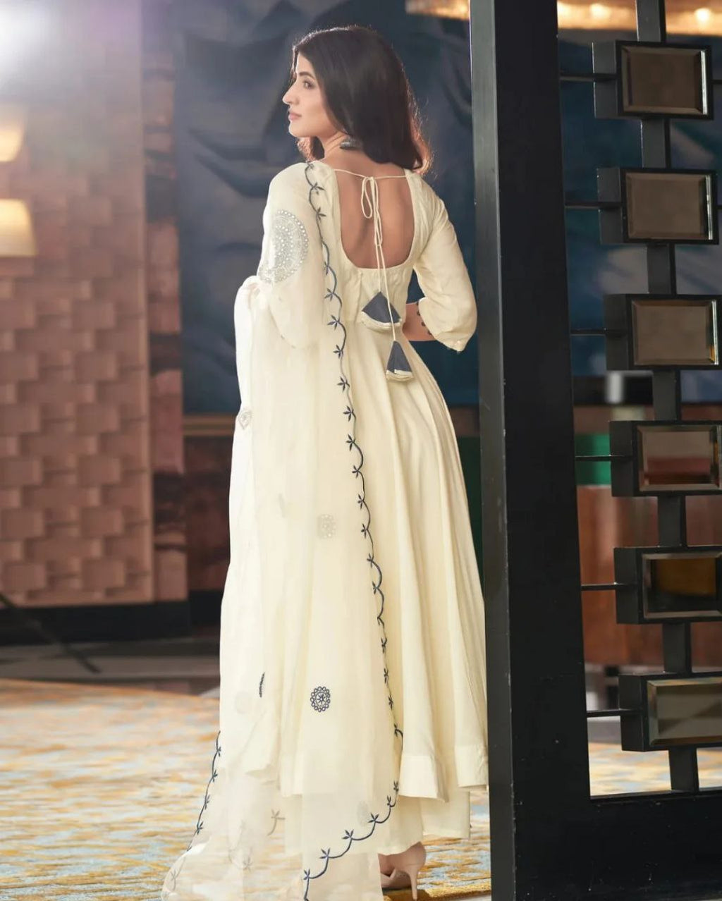 Rangrasa Blue Cream Embroidered Muslin Silk Suit Set
