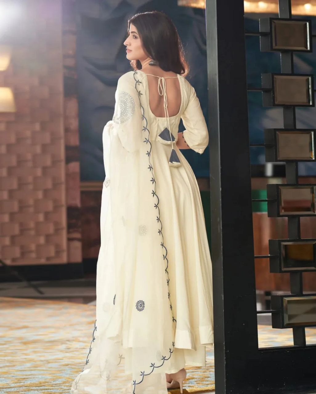 Rangrasa Blue Cream Embroidered Muslin Silk Suit Set