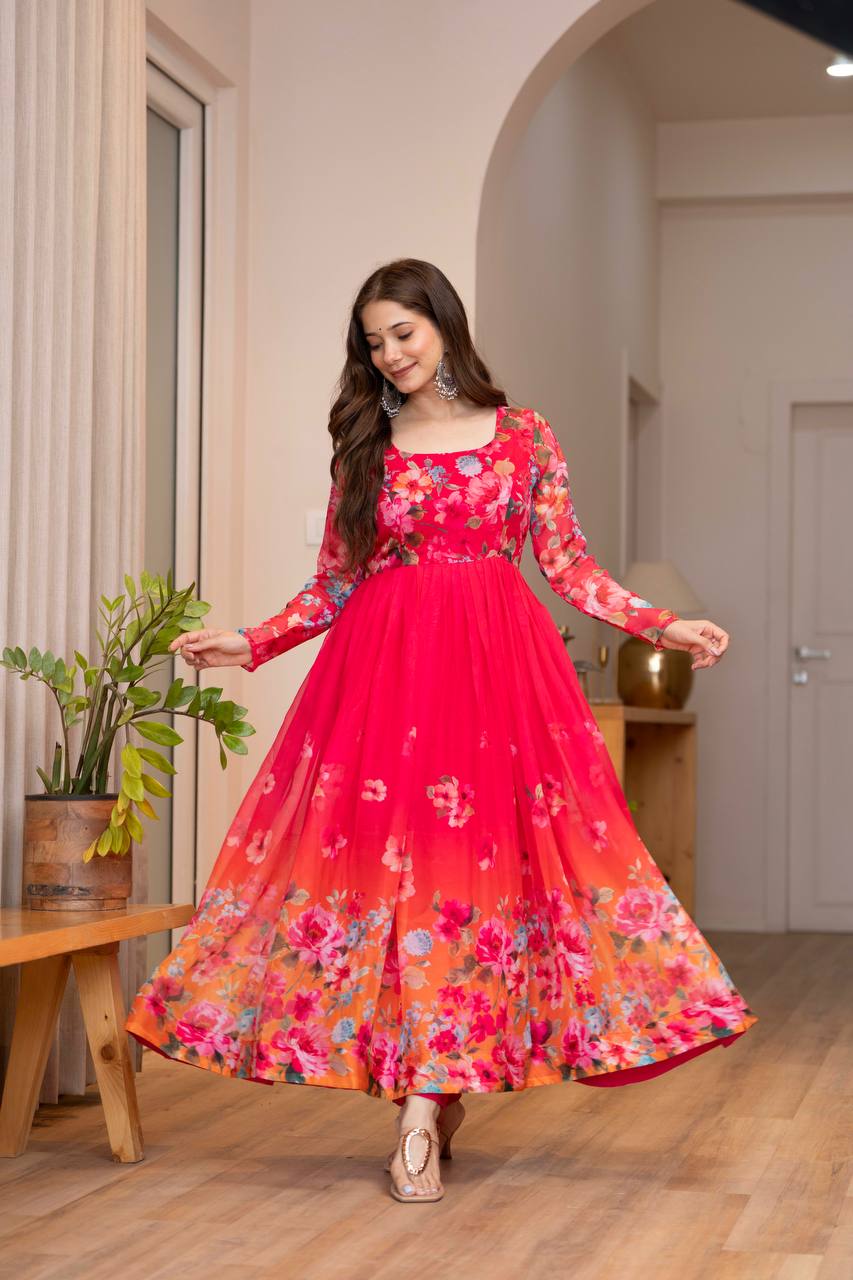 Women Floral Printed Tiered Kurta & Trousers With Dupatta