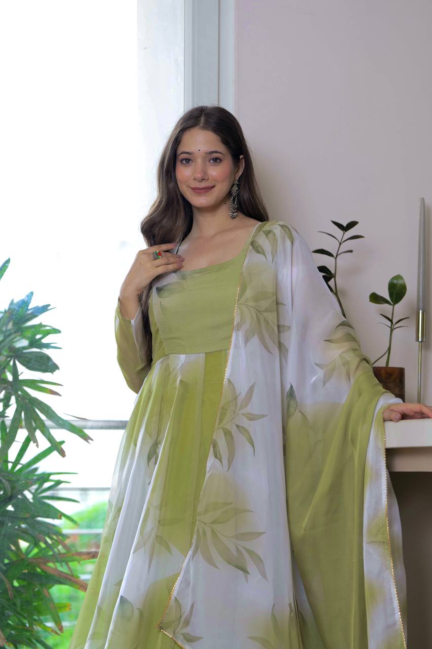 Floral Printed Anarkali Kurta With Trousers & Dupatta
